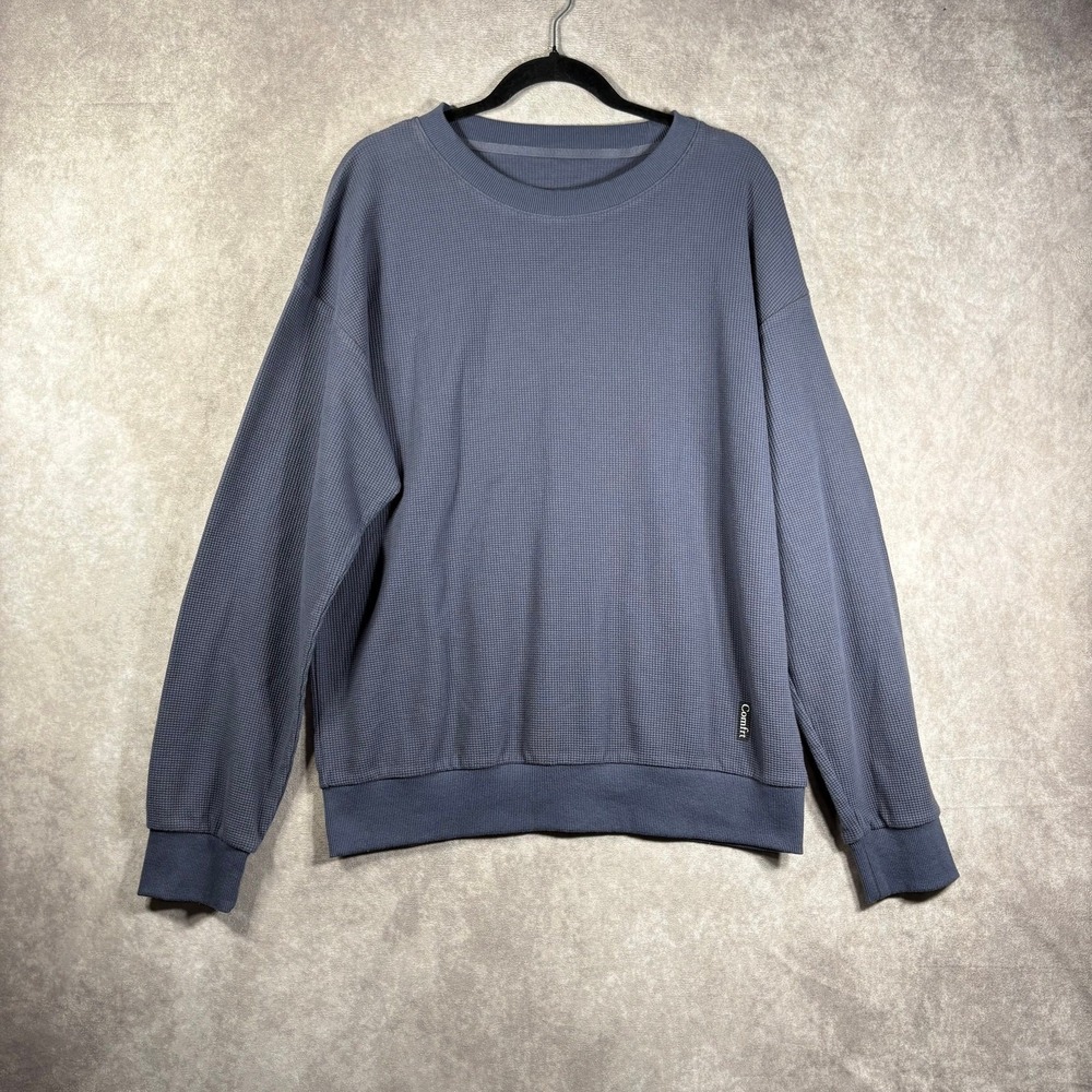 Comfrt Sweatshirt Mens XL Blue Waffle Knit Thermal Crew Neck Pullover Athleisure